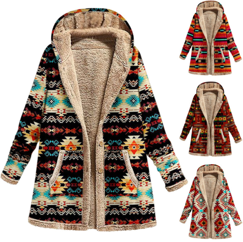 Amazon 2023 Winter New European and American Women's Coat Cotton and Linen Printed Hooded Sweatshirt Warm Plush Jacket