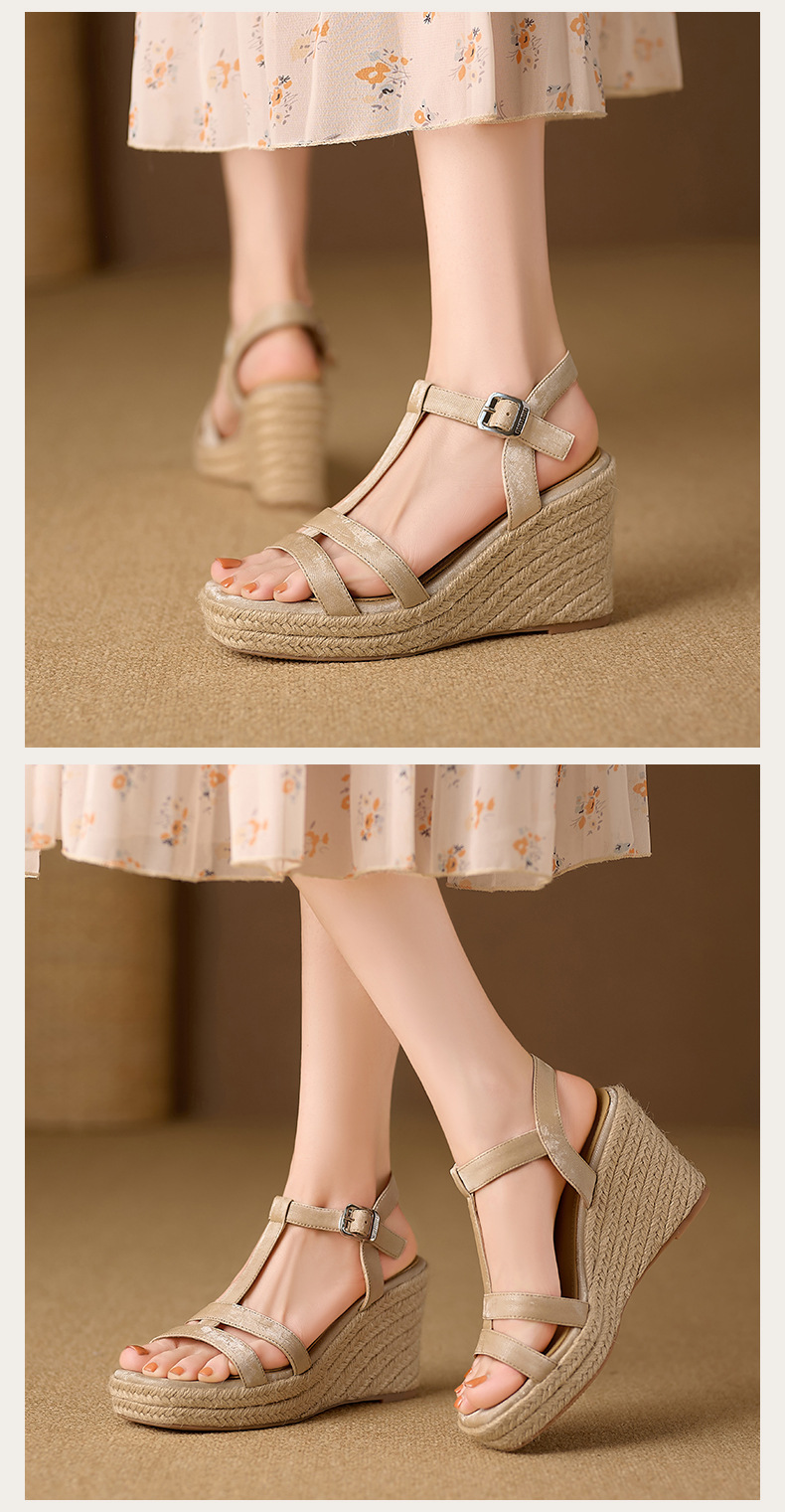 Sandal cao gót nữ hở mũi đế xuồng bện rơm, quai chữ T khóa cài, gót 9 cm — xanh lá cây, màu mơ chi tiết 9
