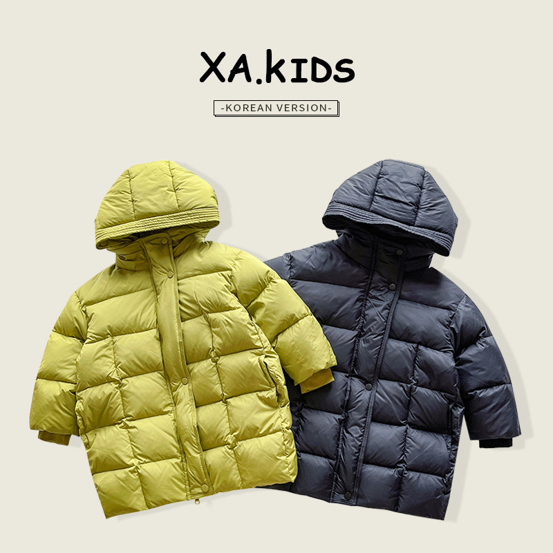 Xian'ao 2024 Winter New Children's Clothing Korean Style Hooded Mid-Length Down Jacket for Boys and Girls, High-Quality Solid Color