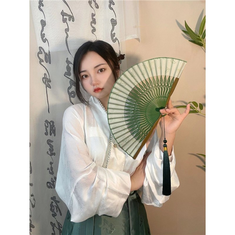 女性ファンレトロスタイル折りたたみギフト扇子漢服ファン夏ポータブル小さなライトグリーンダンスファンチャイナドレス夏|undefined