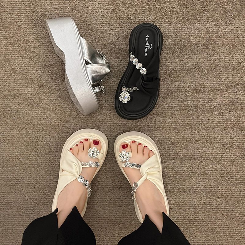 Korean Style Fairy Style Thick-Soled Heightening Beach Sandals with Skirts, Fashionable Rhinestone Slip-On Sandals for Women 2025 New Style