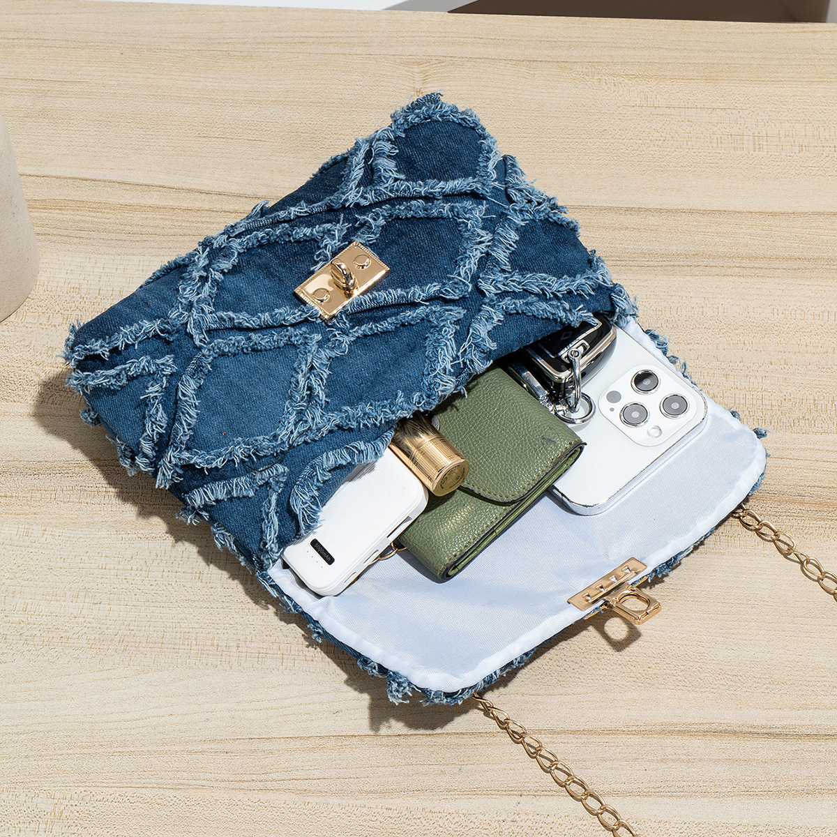 Transfronterizos nuevos bolsos de hombro de damas, bolsos de cadena de denim, bolsos cuadrados, bolsos de diamante, bolsos de moda para mujeres image 5