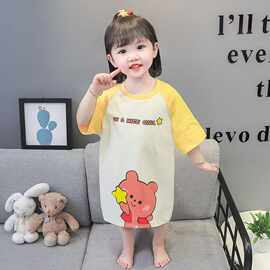 女童宝宝睡裙夏天睡衣拨款公主风家居服防踢无扣直筒柠檬黄现货棉