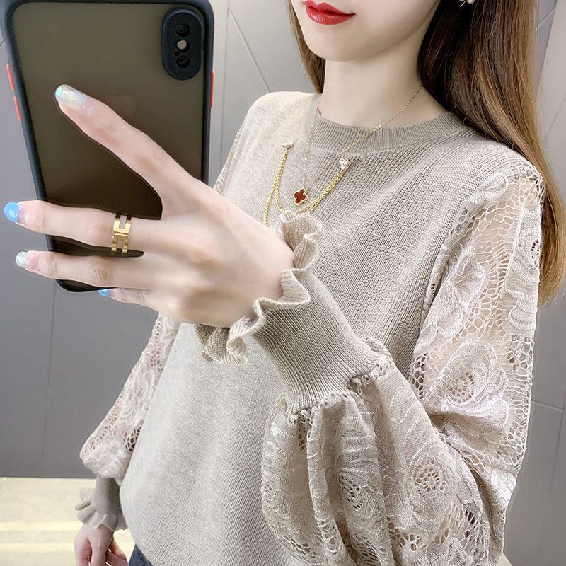 Spring lace knitted short sweater with a round collar
