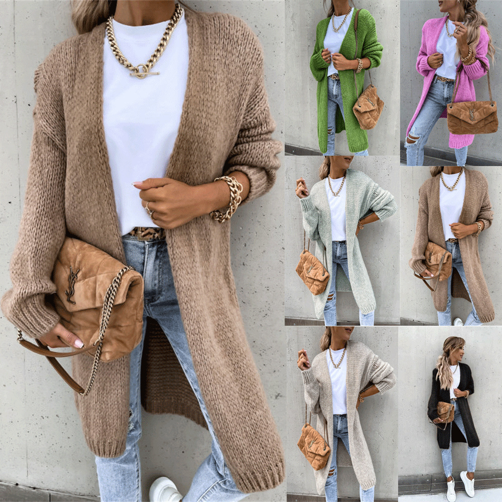 2022 New Autumn and Winter Loose Solid Color Long Sleeve Knitted Cardigan Sweater Jacket