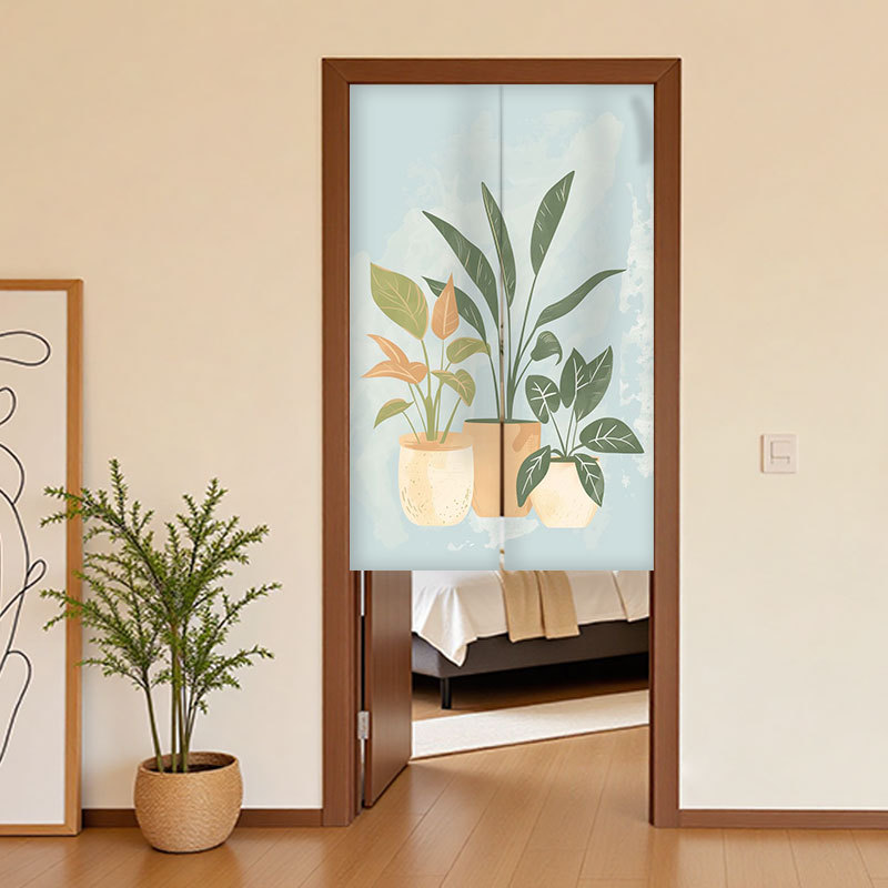 Korean-style Ins Punch-free Door Curtain Green Plant Cotton and Linen Home Fitting Room Bedroom Bathroom Partition Curtain Fabric Half Curtain