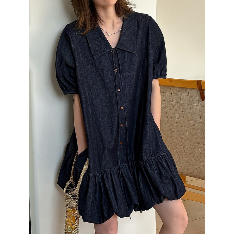 Le Denim Washed Denim Large Lapel Romantic Textured Lace-Up Retro Floral Short-Sleeve Dress for Women
