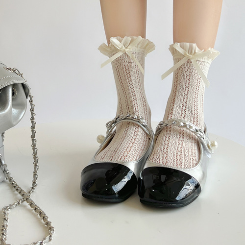 Mary Jane lace bow lace socks summer thin mesh hollow short mid-calf pile socks for women ballet style