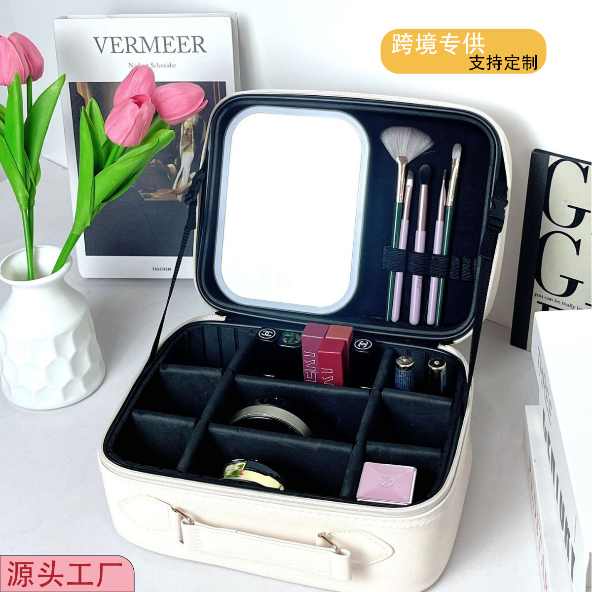 Bolsas de maquillaje transfronterizas con lámpara LED espejo 2025 nueva maquillaje profesional portátil de gran capacidad bolsa de almacenamiento de cosméticos