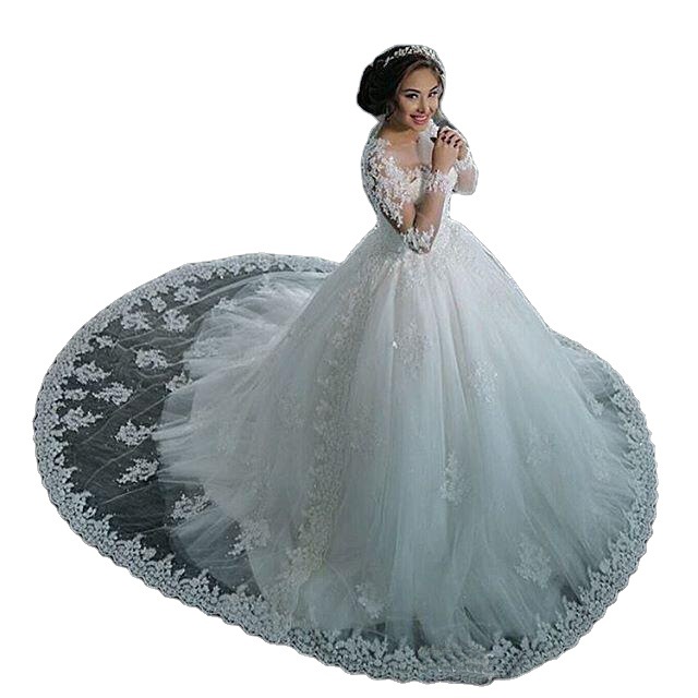 Foreign Trade Wedding Dress Bride 2025 Summer New High Collar Long Sleeve Wedding Dress Trailing Lace Bride Wedding Dress Ts341