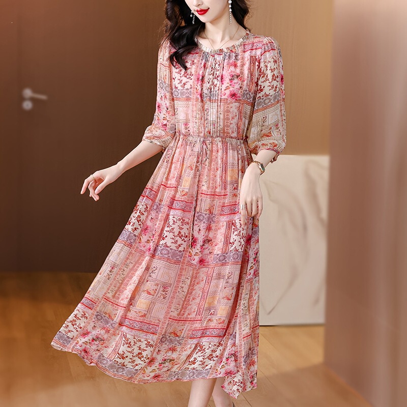 Stylish and Unique Design Ruffled Round Neck Printed Dress for Women, Fashionable High-End Mid-Length Dress That Is Slimming and Flowy