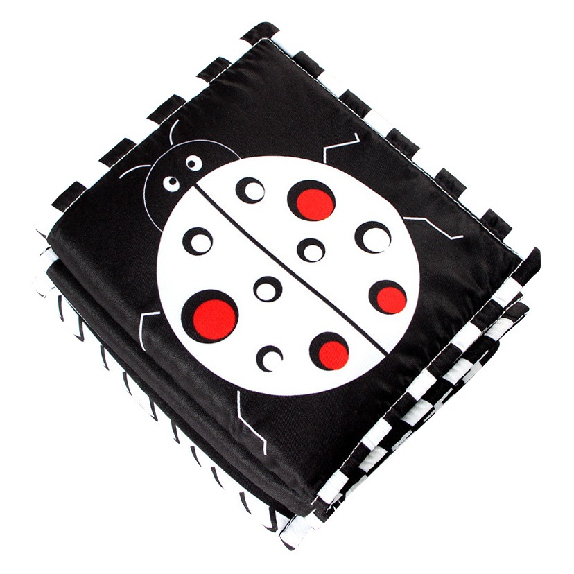 Libro de tela educativo blanco y negro para bebés, mordedor y juguete estereoscópico 0–1 año