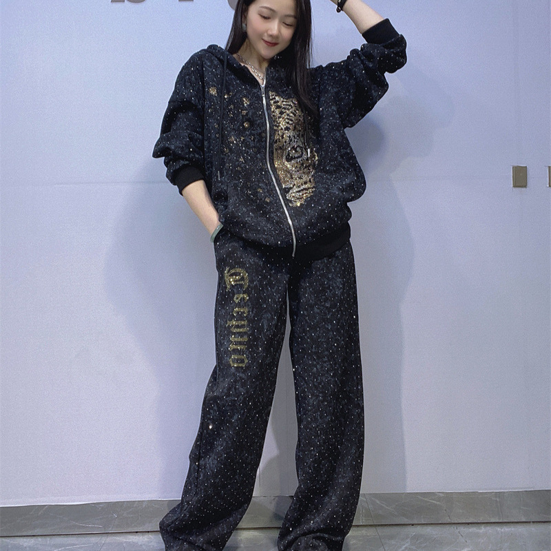 Tie-Dye Zipper Cardigan Plus Size Sweatshirt Suit Women's Autum Hot Diamond Casual Straight Pants Outdoor Sportswear Two-Piece Set