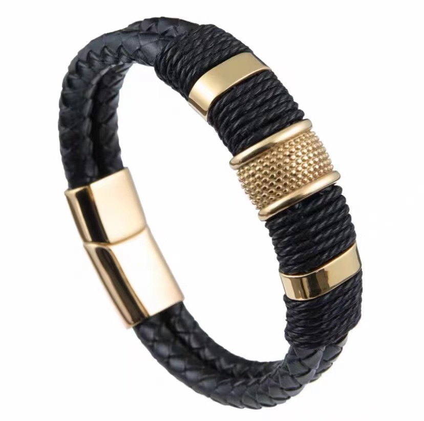 Pulseras transfronterizas europeas y americanas, pulseras trenzadas de piel de vaca de aleación retro de doble capa, pulseras con hebilla magnética de cuero a la moda para hombres