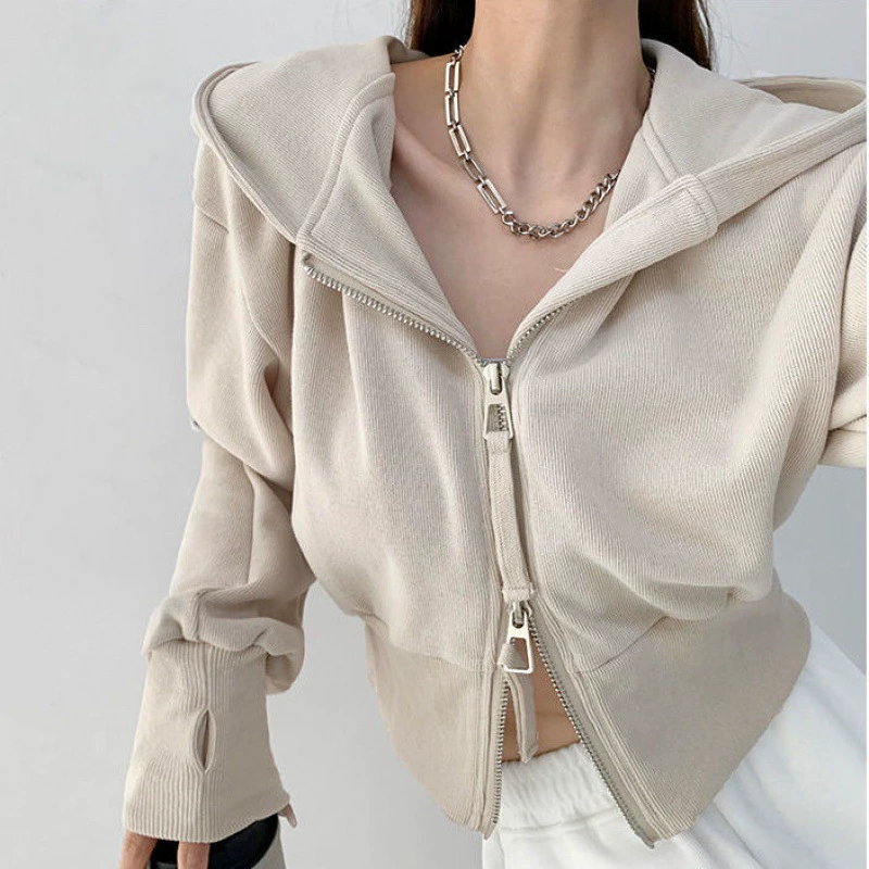 Горячая девушка чистый стиль желания двойной молнии с капюшоном свитер Женская Осень-зима Новый Повседневный Спорт похудение с коротким длинным рукавом пальто мода