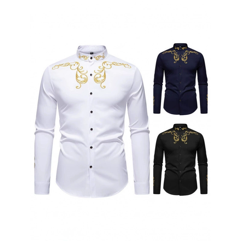 Внешняя торговля новый придворный стиль мужская вышивка Генри с длинными рукавами рубашка большой размер модная повседневная рубашка