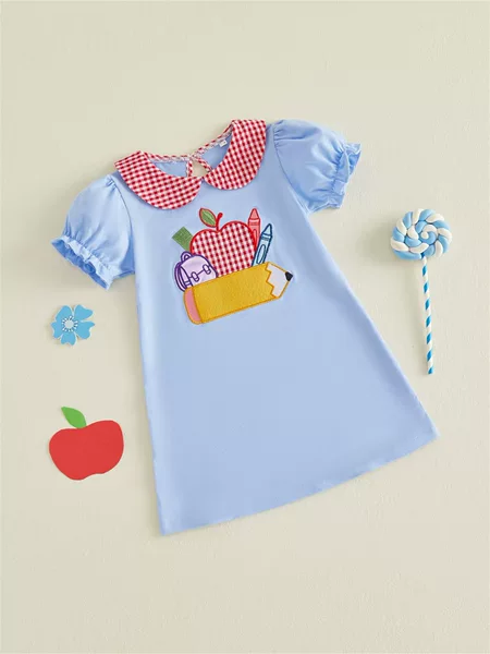 New Foreign Trade Style for the Back-To-School Season: Stylish Casual Patchwork Plaid Cartoon Appliqué Embroidered Doll Collar Puff Short-Sleeve Dress