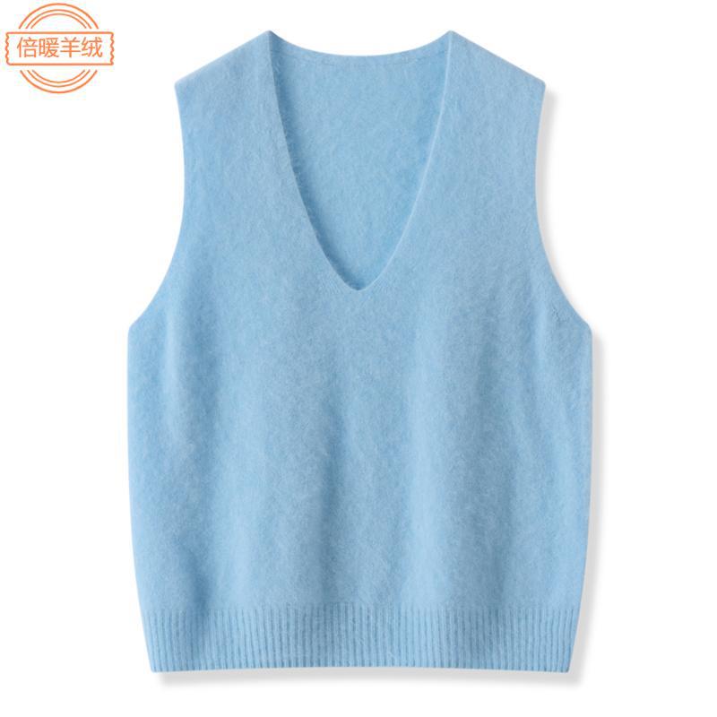 One-Line Wool Brushed V Neck Knitted Vest for Women Spring & Fall New Style Layered Outer Pure Color Sleeveless Vest