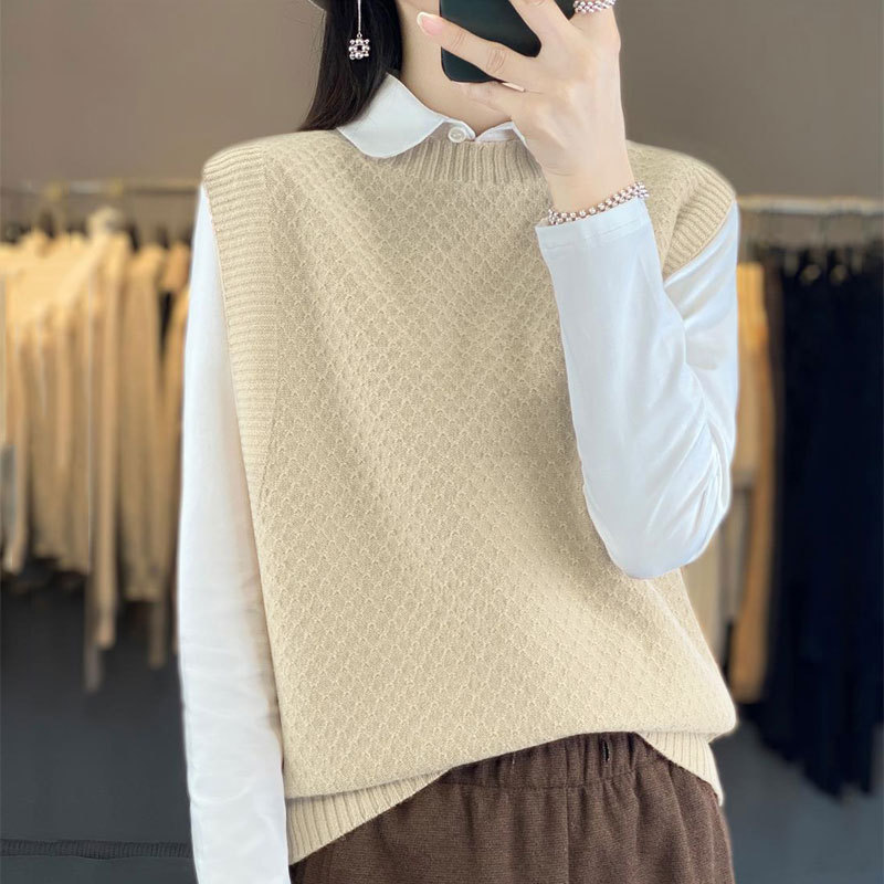 2025 Early Autumn New Pure Wool Knitted Vest Women's Pullover Pure Color Diamond Plaid Sleeveless One-Line Bottoming Shirt Waistcoat