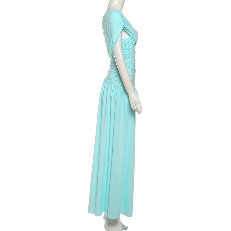Summer New Women's Elegant Asymmetrical Neck Off-Shoulder Long Dress European And American Style Cross Border Solid Color Waist_ecoleips.com