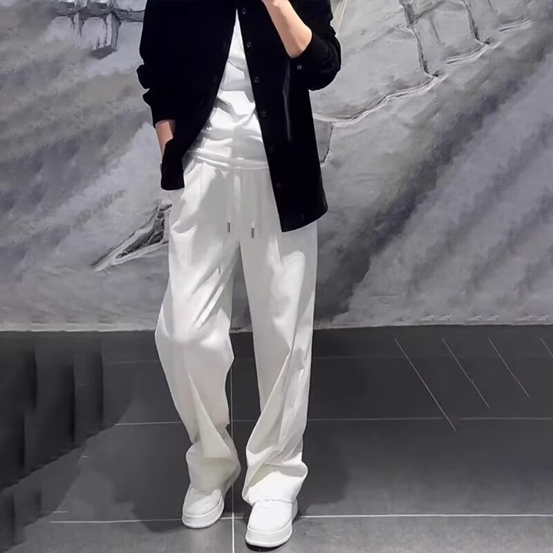 2025 Summer High-End Design White Wide-Leg Straight-Leg Sports Casual Pants for Men, Loose and Light Luxury Long Pants