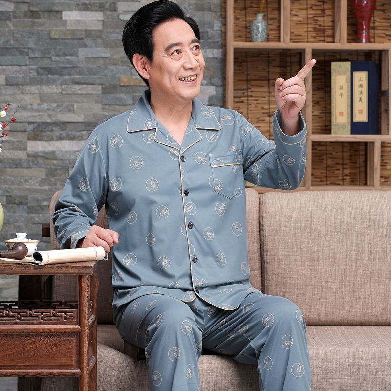 Pijamas de mediana edad y ancianos hombres 100% algodón primavera y otoño manga larga otoño e invierno más tamaño viejo papá traje de uso doméstico