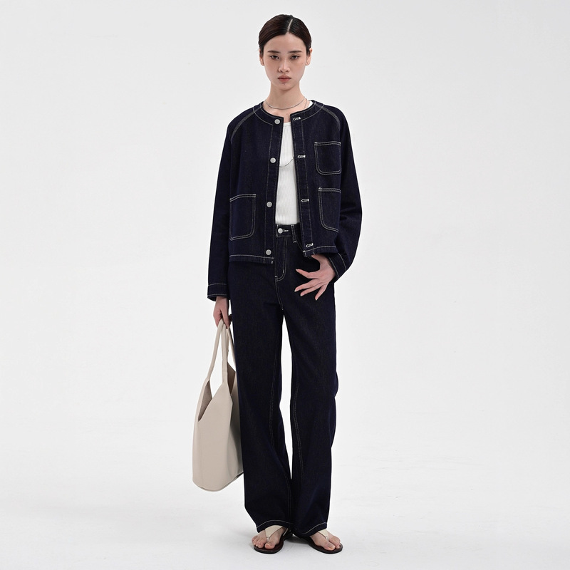 Lp Old Money Style Early Autumn Hemp Denim Suit Linen Cotton Topstitch Jacket + Casual Straight Wide Leg Pants Women