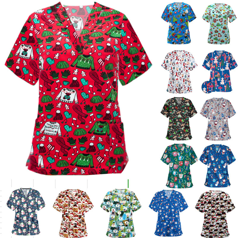 European and American Popular Nurse Outfit Christmas Printed Shirt V-Neck Short-Sleeved Bottoming T-Shirt Women's Clothing European and American Popular Nurse Outfit Christmas Printed Shirt V-Neck Short-Sleeved Bottoming T-Shirt Women's Clothing