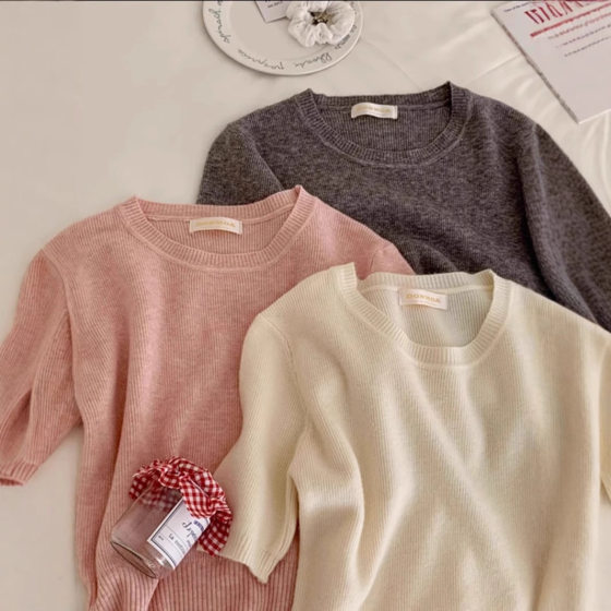 South Korea Crewneck Shoulder Knitted Short-sleeved Women's Summer New Gentle Style Design Sense Slimming All-match Solid Color Trendy Top