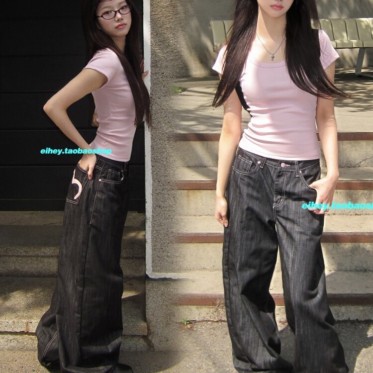 2026 Spring and Autumn Heart Print Jeans for Women, High-Waisted Straight-Leg Casual Pants, Slimming Floor-Length Trousers for Women