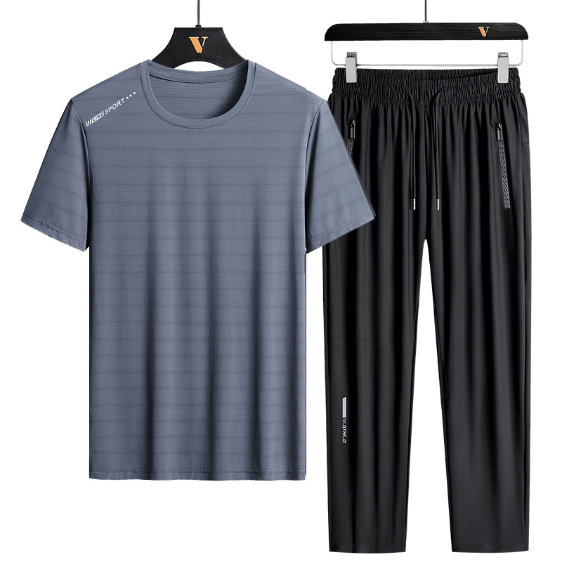 Traje de seda helada L-8X para hombre, conjunto deportivo de verano de manga corta, talla grande, holgado, de secado rápido, conjunto casual de dos piezas para hombre