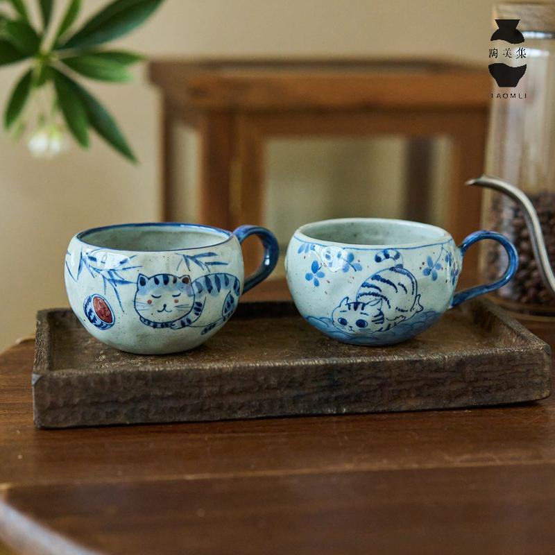 Tao Meiji 手描き青と白の磁器コーヒーカップ手作りかわいい猫マグ家庭用セラミックウォーターカップ朝食カップ|undefined
