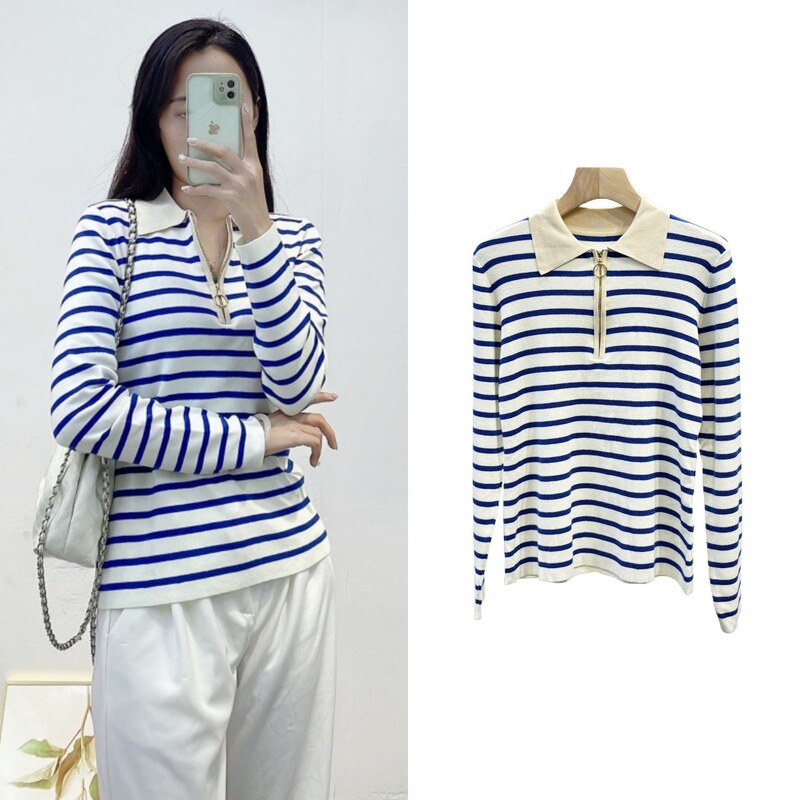 Cross-Border Women's Clothing French Retro Sailor Navy Blue and White Striped Lapel Knit Sweater Women's Zip-Up Slim Pullover Top