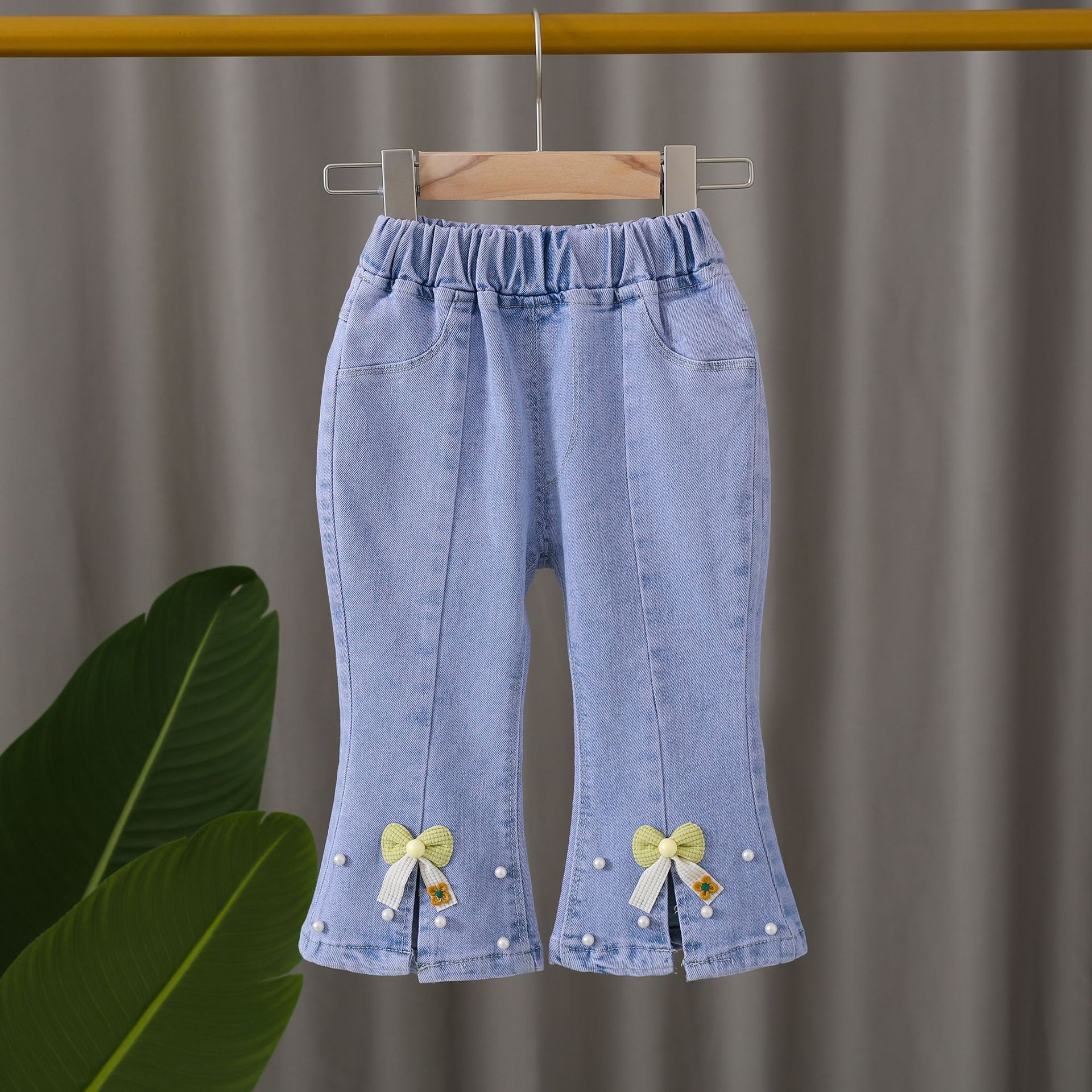 2024 New Autumn Girls' Korean Style Denim Pants for Kids, Ins Elastic, Trendy Baby Spring and Autumn Split Flared Pants