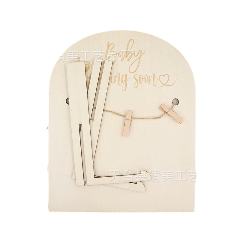 Marco de fondo creativo de madera Baby coming soon con clip de foto caja de fondo de cuerda de foto
