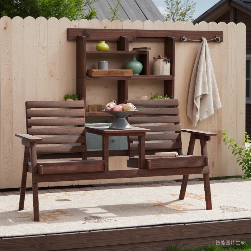 户外阳台实木桌椅炭化防腐木单双人家用靠背椅带茶几长公园休闲椅