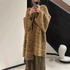 宽松慵懒大版中长款针织开衫女秋冬新款跨境外贸撞色休闲毛衣外套
