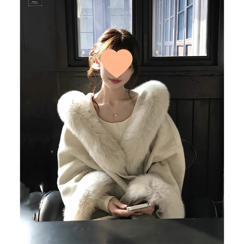 沪上千金 温柔风仿狐狸毛毛领连帽拼接大衣女冬气质宽松外套兔毛|undefined