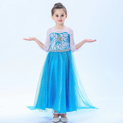 Elsa Princess Dress from Frozen, Children's Net Sheer Diamond-embellished Dress with Long Sleeves, Elsa Princess Dress with Tulle Mantle