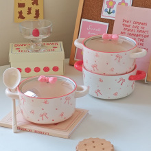 高颜值双耳泡面碗带盖大容量可爱宿舍专用面碗汤碗双耳碗陶瓷餐具