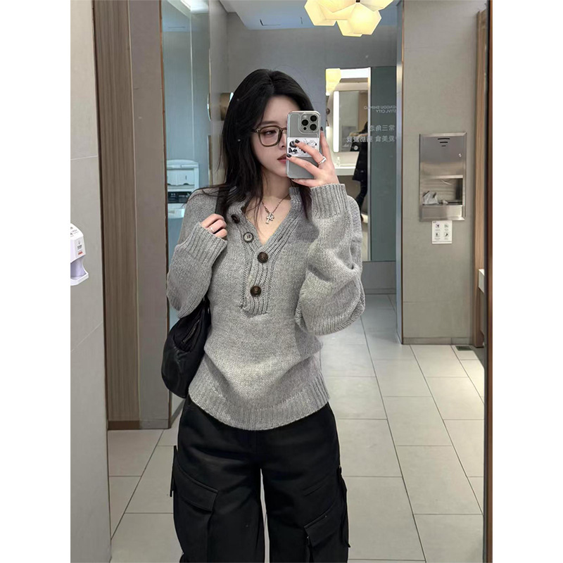美式灰色亨利领长袖针织衫女春季新款修身显瘦辣妹内搭打底衫上衣|undefined