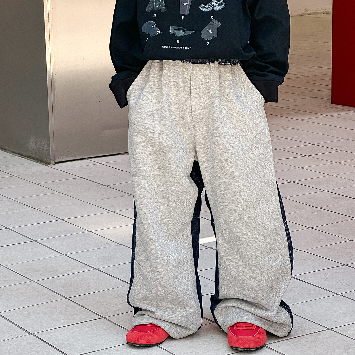 Denim knitted color block trousers