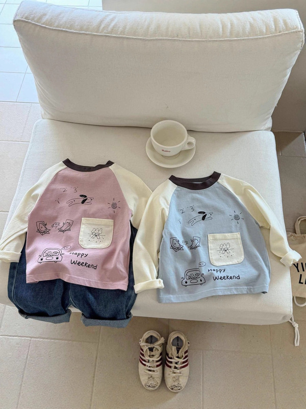 纯棉新款儿童撞色长袖卡通口袋拉布布男女童洋气T恤印花小童上衣|undefined