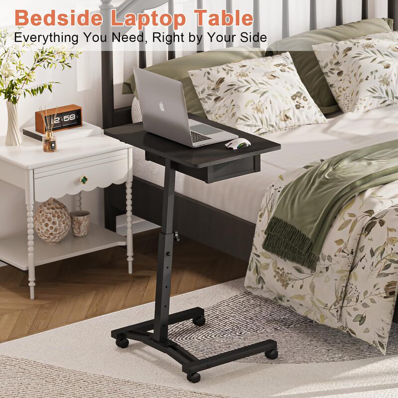 Adjustable Height Rolling Computer Desk with Drawer, Simple Sofa Side Table, Movable Foldable Computer Stand
