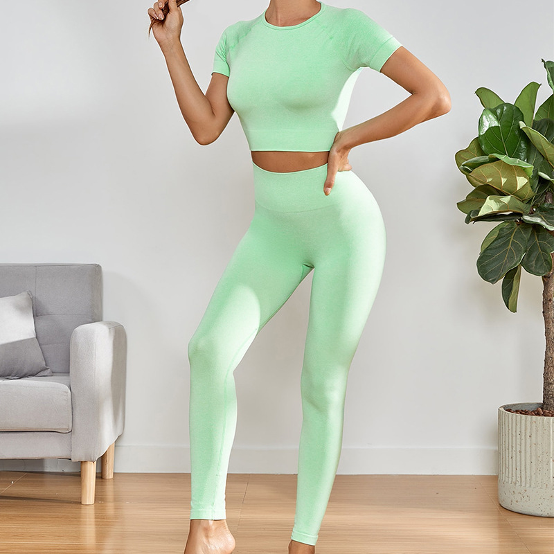 欧美新款纯色短袖无缝瑜伽服女普拉提运动健身九分裤瑜伽服套装女