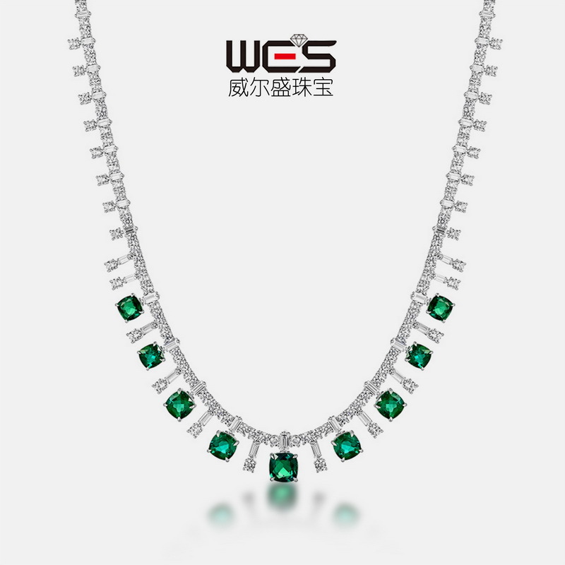 Collar del tesoro de color de cultivo de lujo ligero atmosférico transfronterizo nuevo S925 con incrustaciones de plata para cultivar cadenas de clavícula de esmeralda estilo europeo y americano