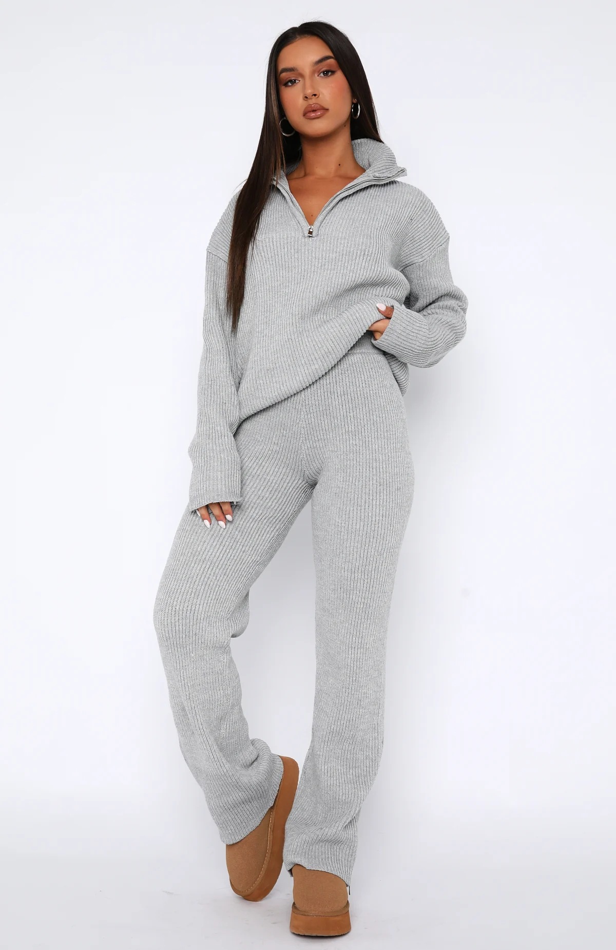 Damen Strick Zweiteiler Set Casual Langarm Pullover Und Hose_voghion.com