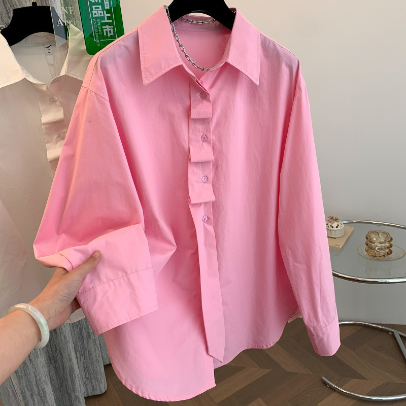 High-End Tie Pink Shirt Women's Long-Sleeved 2025 New Loose Casual Versatile Design Cotton and Linen Top