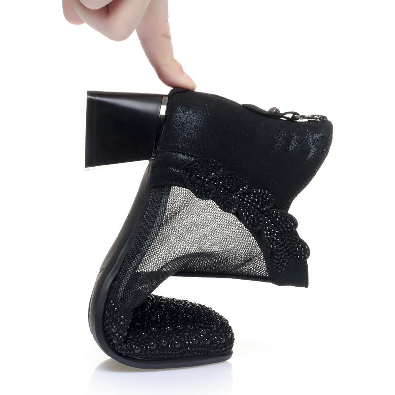 Giày boot nữ cổ thấp da thật lỗ thoáng khí gót thô 5 cm — màu đen