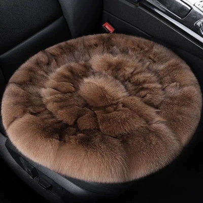 Fox fur car seat cushions, a luxurious and warm winter set, featuring high-quality faux fur and genuine fox fur, with a round design and a set of three pieces (Wool pad) - single-piece-khaki